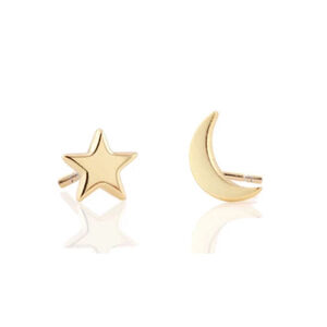 NEW‎ Unisex Asymmetric Gold Plated S925 Moon and Star Stud Earrings